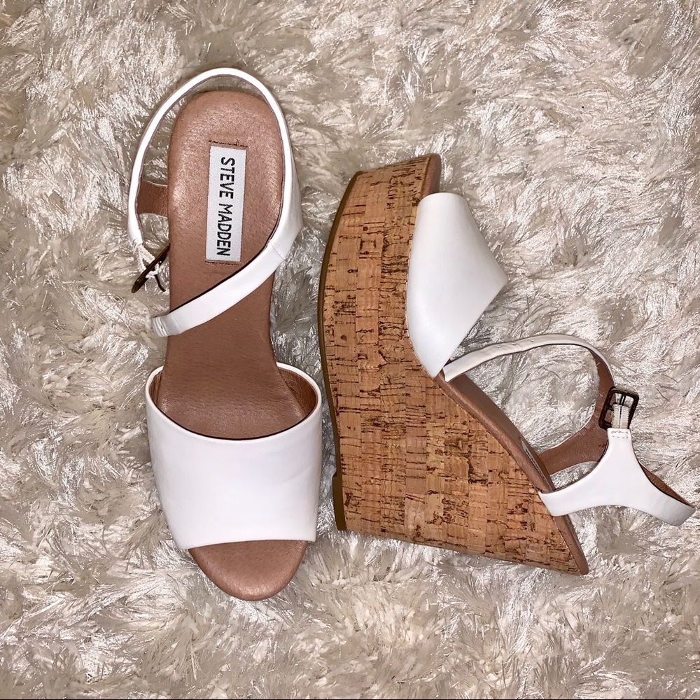 Steve Madden White Cork Wedge Sandals